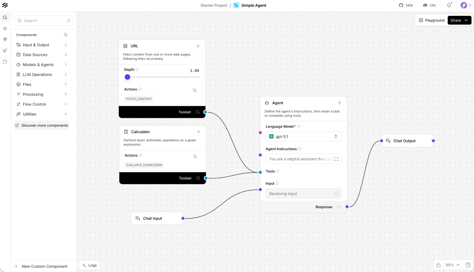 Public Langflow Simple Agent canvas connecting URL and calculator tools to an agent, chat input, and chat output.