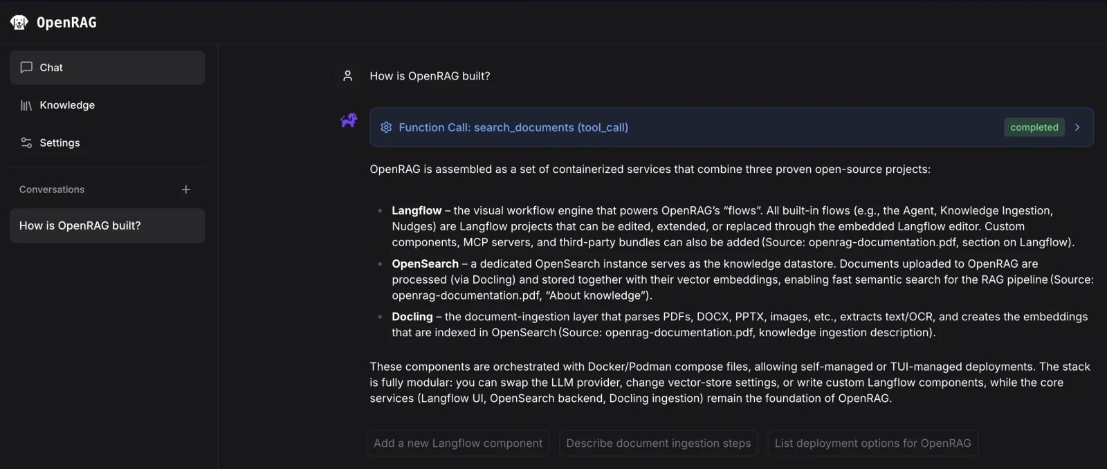 Public OpenRAG chat interface with a retrieved answer to the question, How is OpenRAG built?